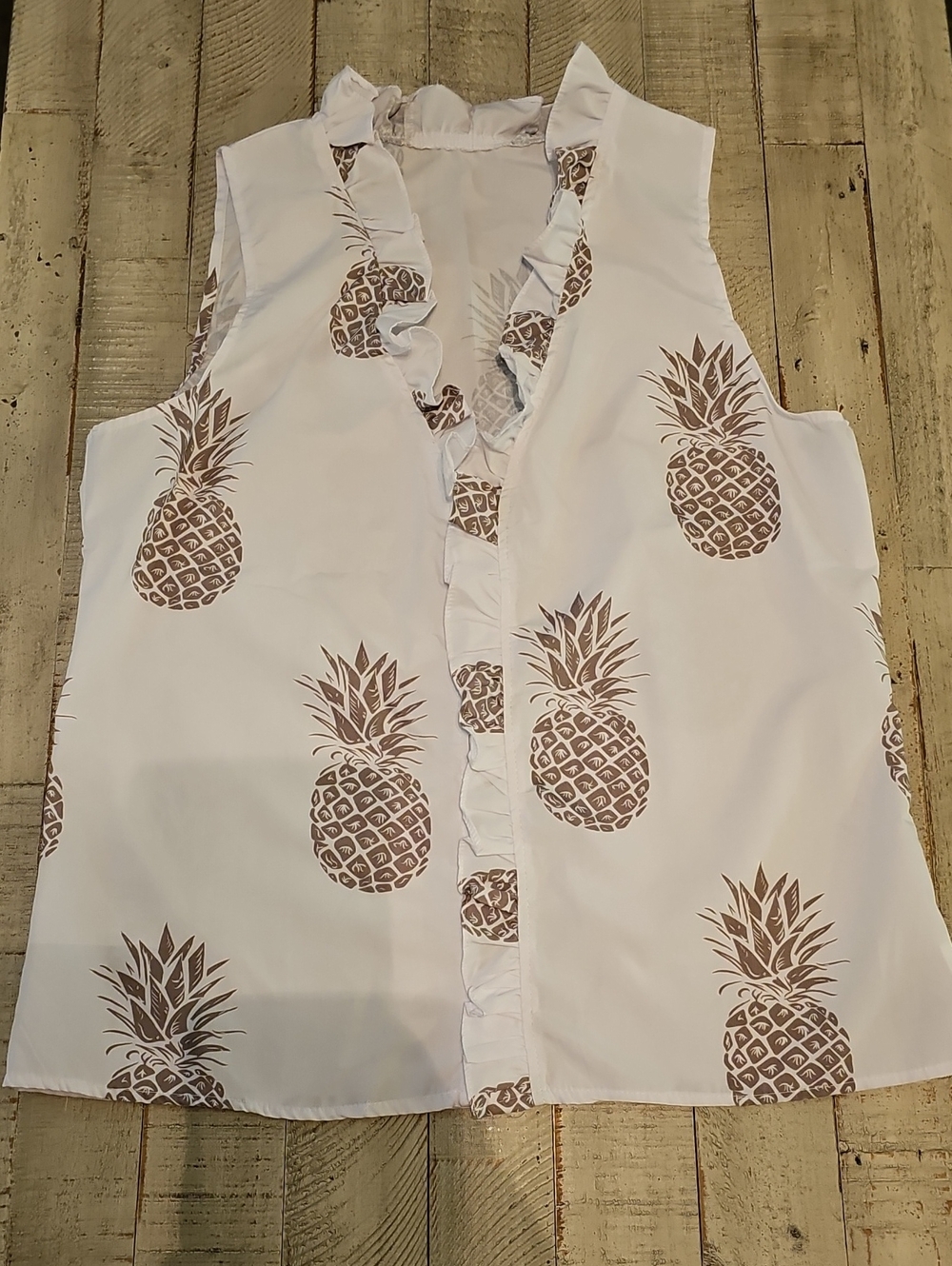 White Button Down Ruffle Tank with Brown Pineapple Print